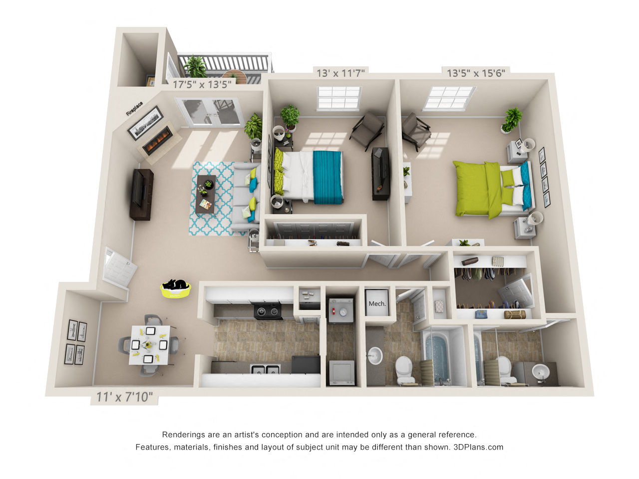 Floor plan for 2 beds, 2 baths, 1117 sqft